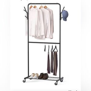 Simple Houseware Double Rod Garment Rack With Wheels and Hooks, Black